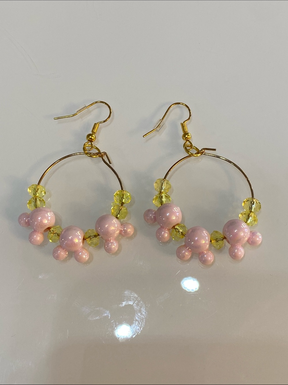 Pink Beaded Hoop Earrings with Yellow Crystal Accents